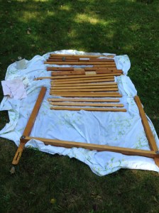 Parts of the loom drying off after tung oil was applied.
